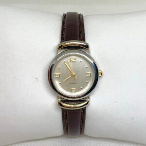 Women’s quartz analog watch silver gold tone 24mm round brown leather running